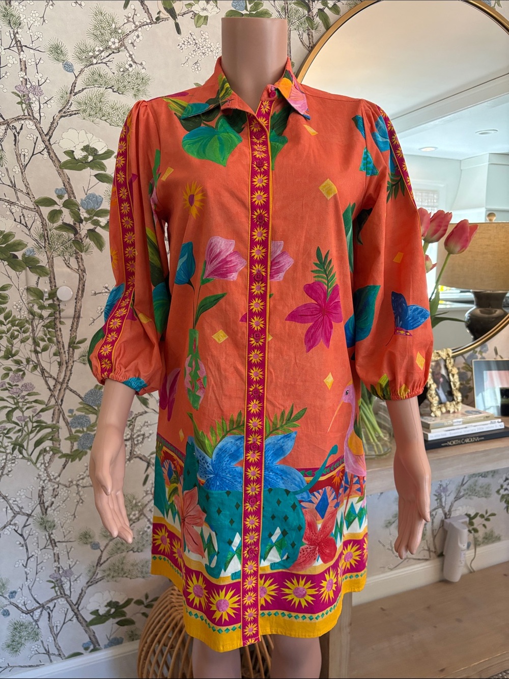 Orange Floral Button-Front Long Sleeve Tunic Dress